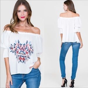 White Off-The-Shoulder Embroidered Peasant Blouse